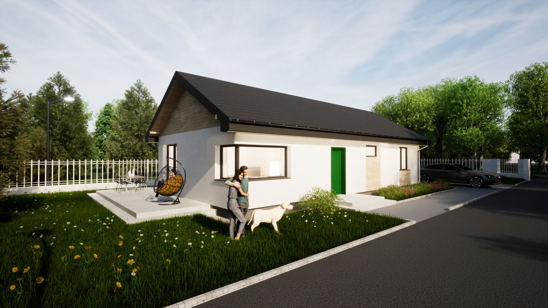 Wizualizacja parterowego domu z płaskim dachem, białą elewacją i zielonymi drzwiami wejściowymi. Na trawniku para z psem, w tle samochód i drzewa.
