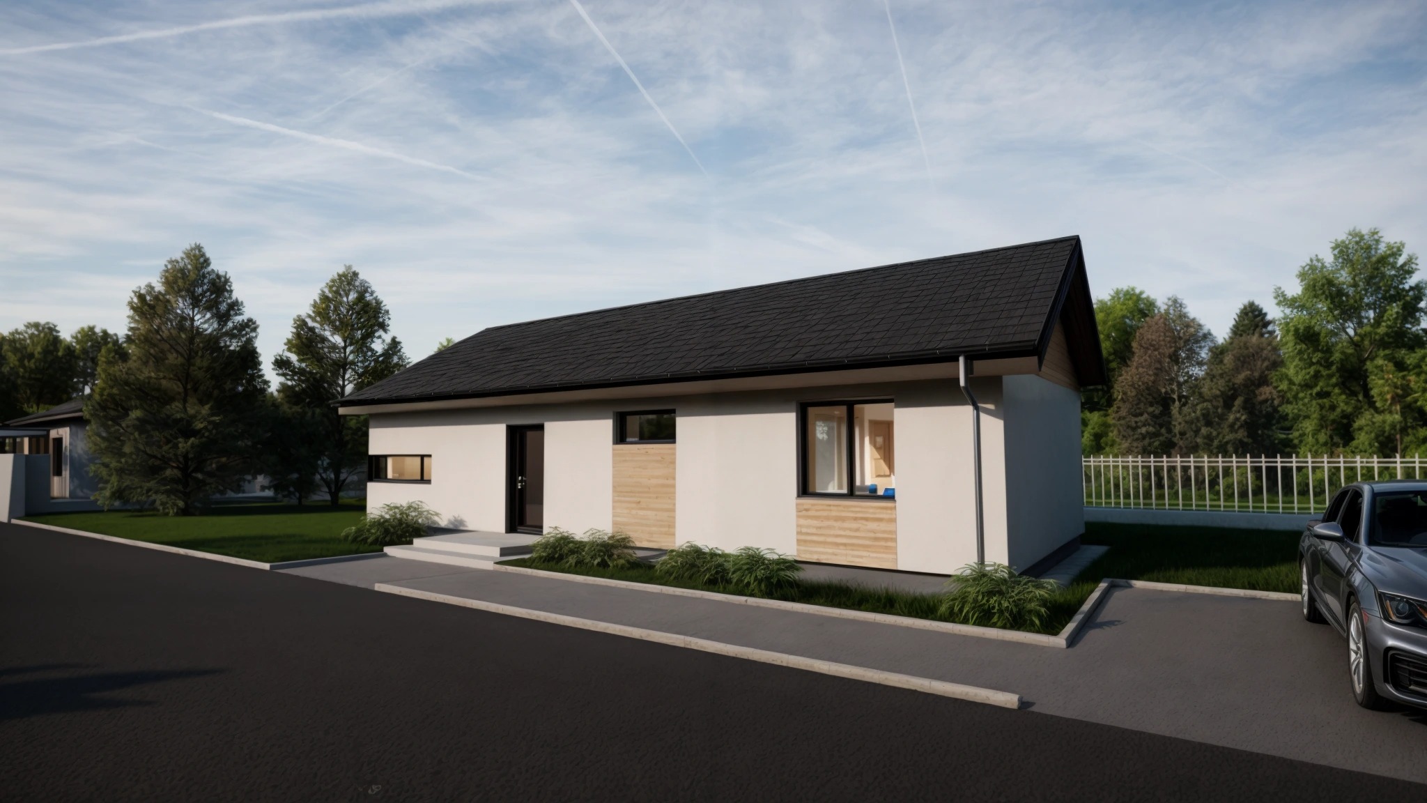 Wizualizacja parterowego domu z płaskim dachem, wykończonego jasnym tynkiem i elementami drewnianej elewacji, z zaparkowanym samochodem osobowym na podjeździe.