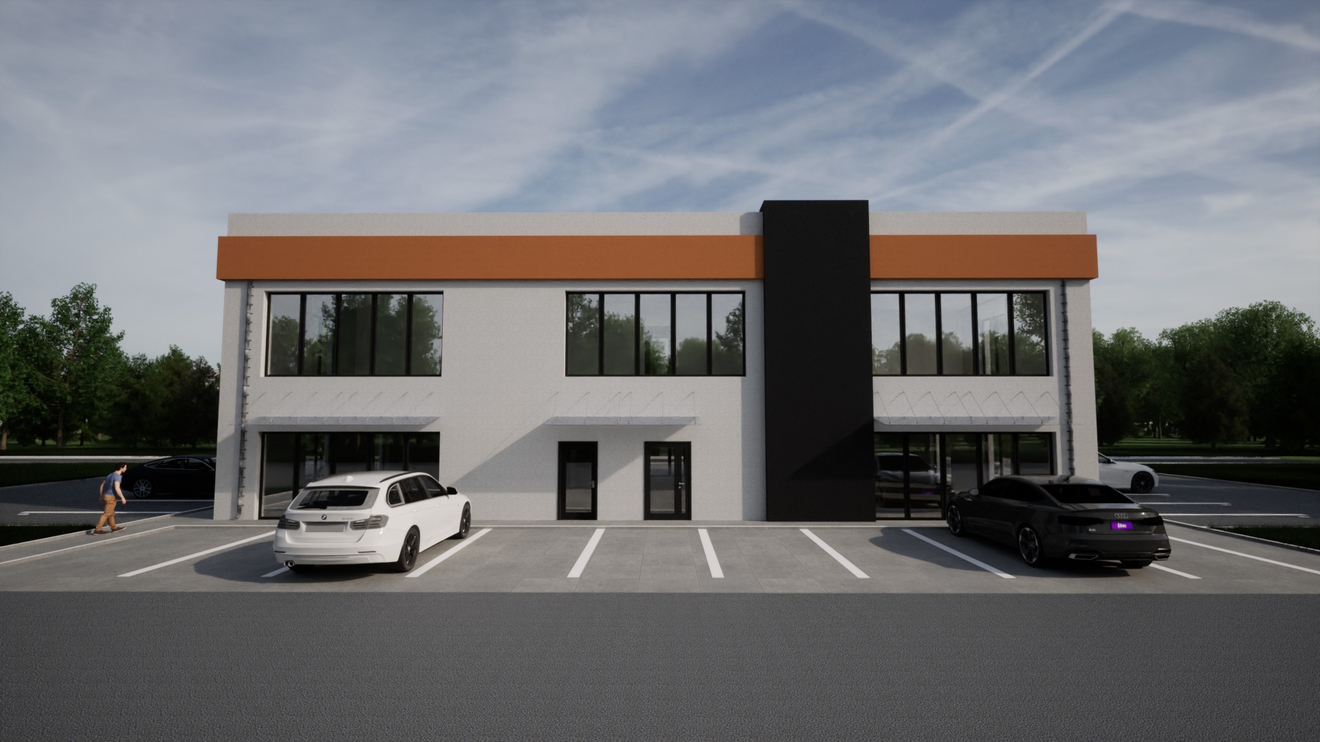 Wizualizacja budynku biurowego z płaskim dachem, pomalowanego na biało z pomarańczowym pasem i czarnym pionowym elementem elewacji, z parkingiem i samochodami.