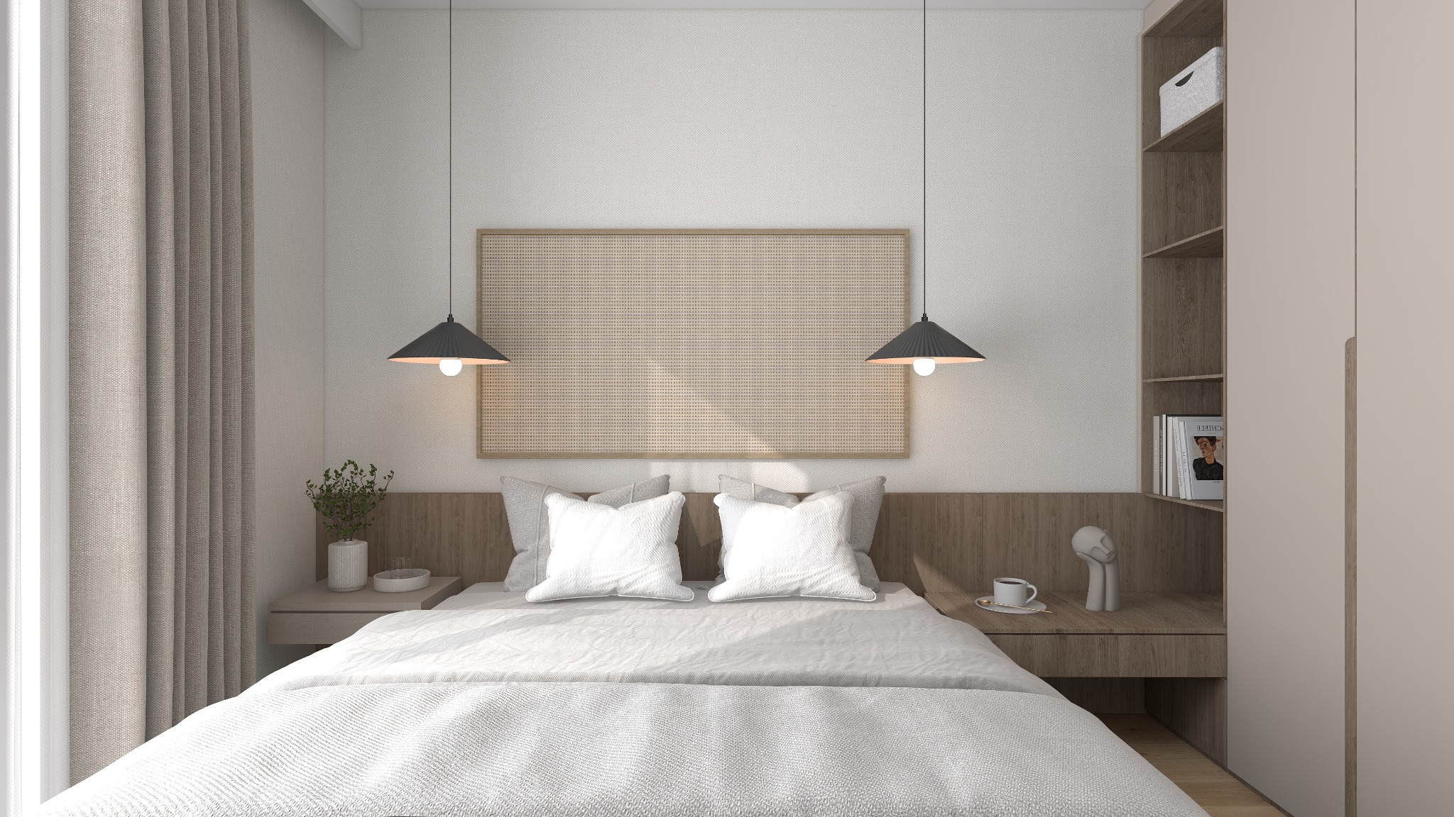 Jasna sypialnia z dużym łóżkiem, minimalistycznymi lampami wiszącymi i drewnianym zagłówkiem. Stonowana kolorystyka, nowoczesny design.