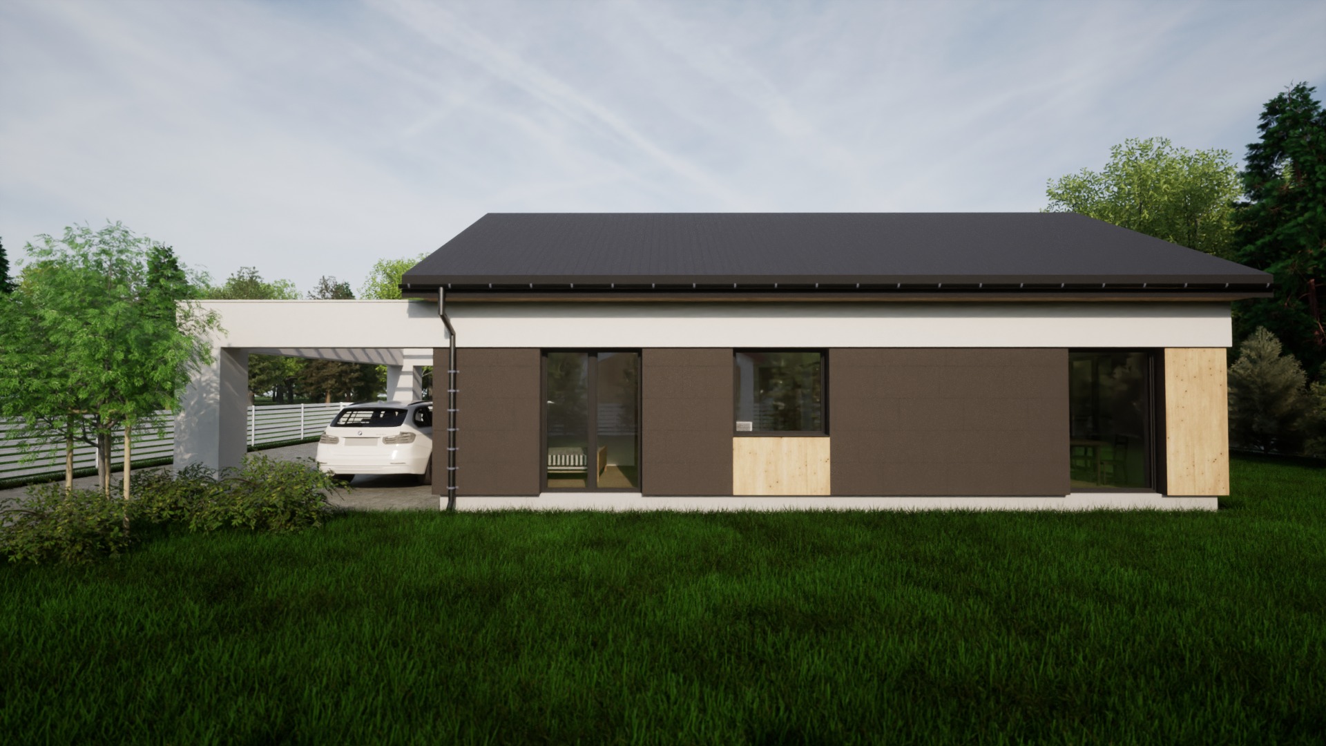 Parterowy dom z płaskim dachem i wiatą garażową z białym autem. Elewacja w odcieniach brązu i beżu. Widok z boku na tle zielonego trawnika i drzew.