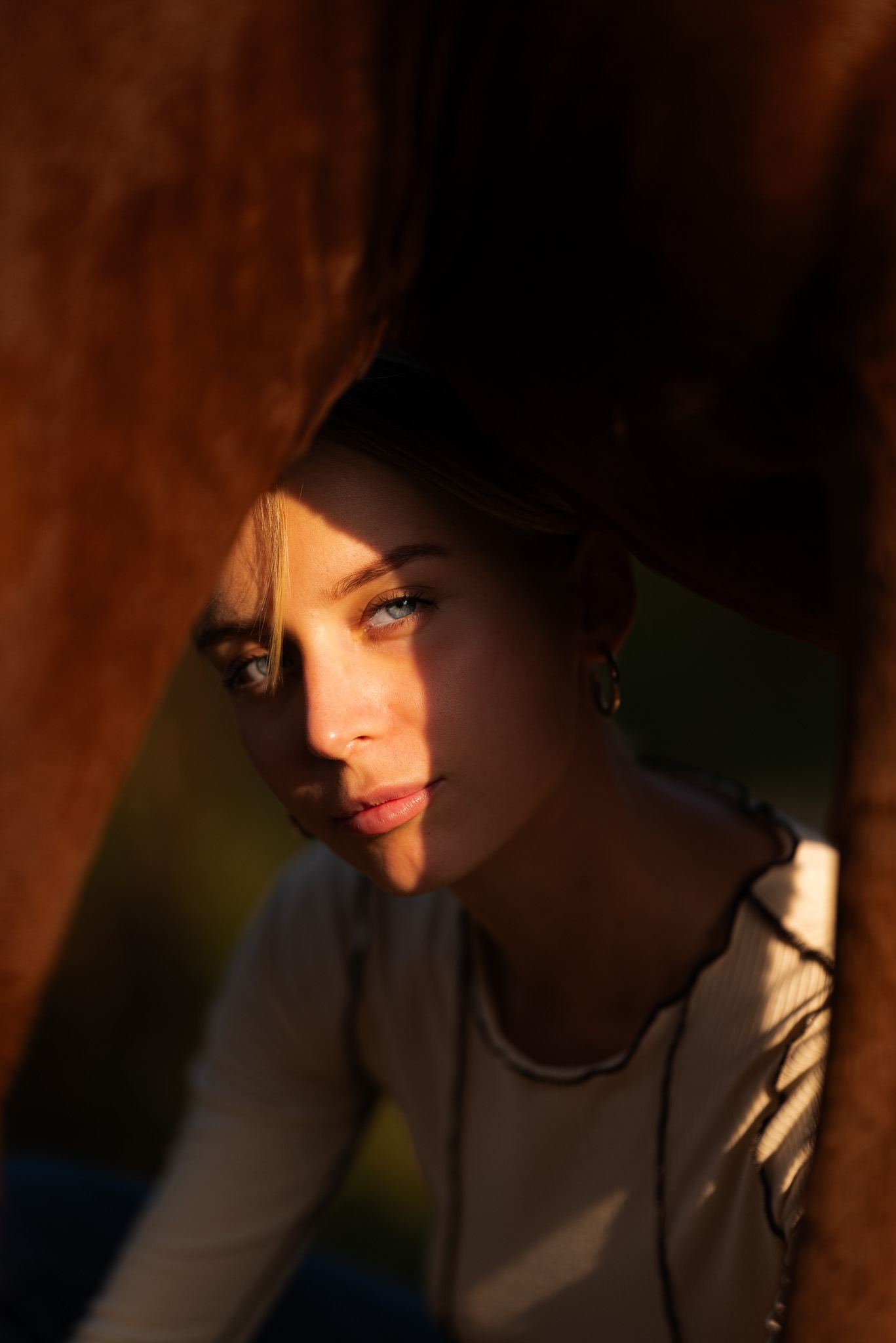 Portret młodej kobiety z niebieskimi oczami, oświetlonej ciepłym światłem, spoglądającej przez fragment brązowego, rozmytego tła, prawdopodobnie sierści zwierzęcia.