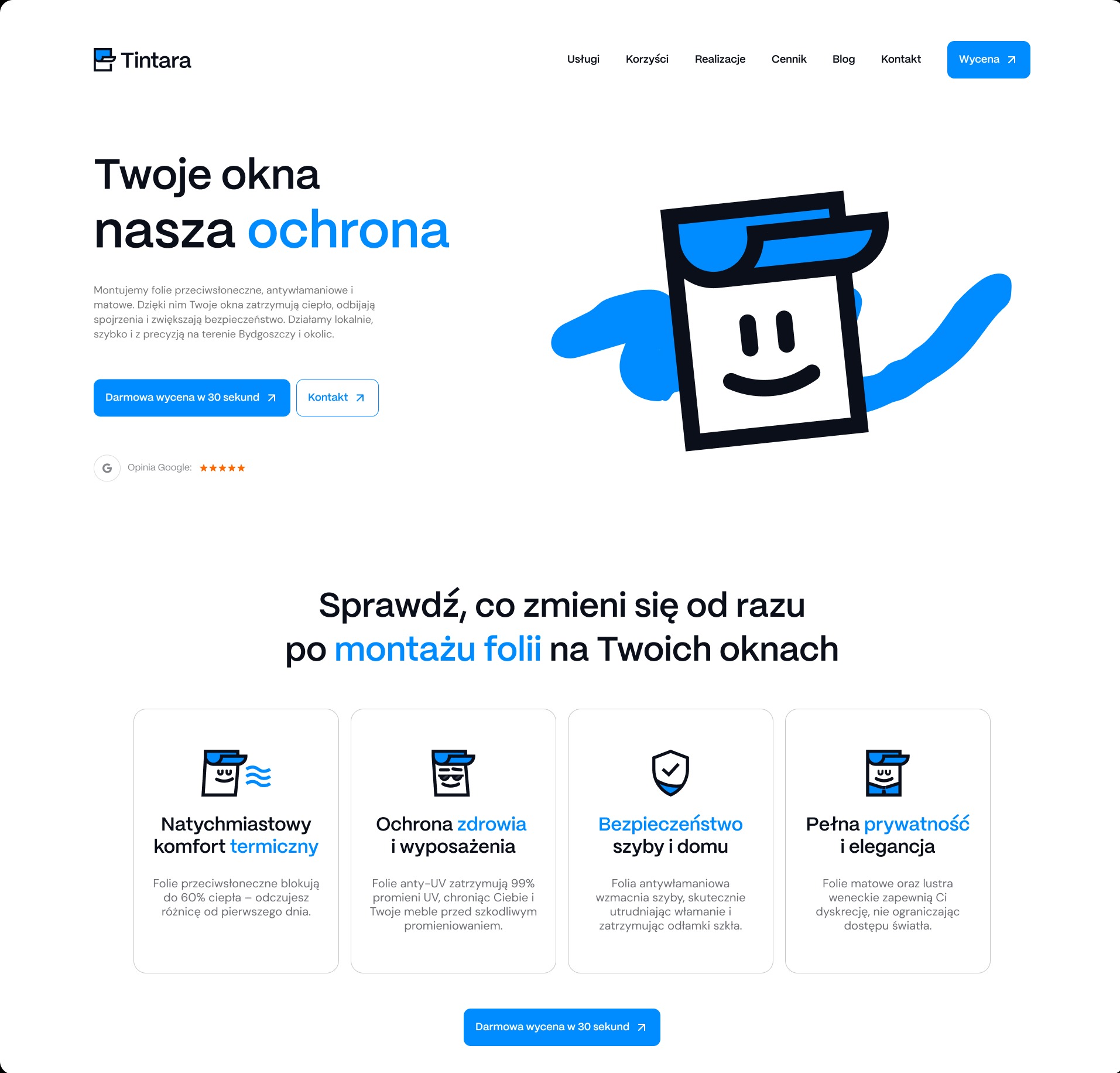 Strona internetowa firmy Tintara z ofertą folii okiennych: przeciwsłonecznych, antywłamaniowych i matowych. Grafika z logo i hasłem 'Twoje okna, nasza ochrona'.