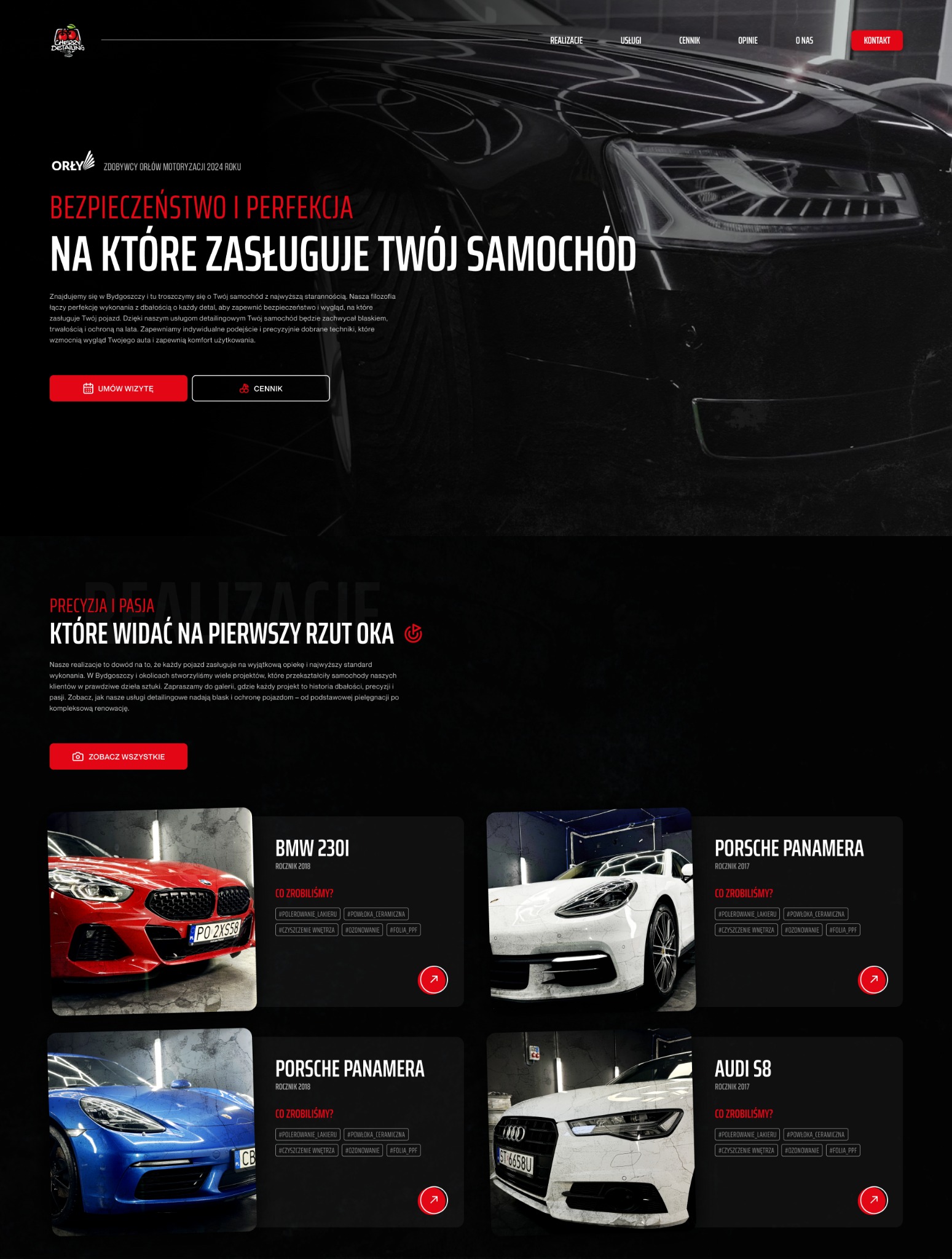 Strona internetowa firmy detailingcherry.com prezentująca usługi auto detailingu z przykładami realizacji: BMW 230i, Porsche Panamera i Audi S8 po polerowaniu lakieru i nałożeniu powłoki.