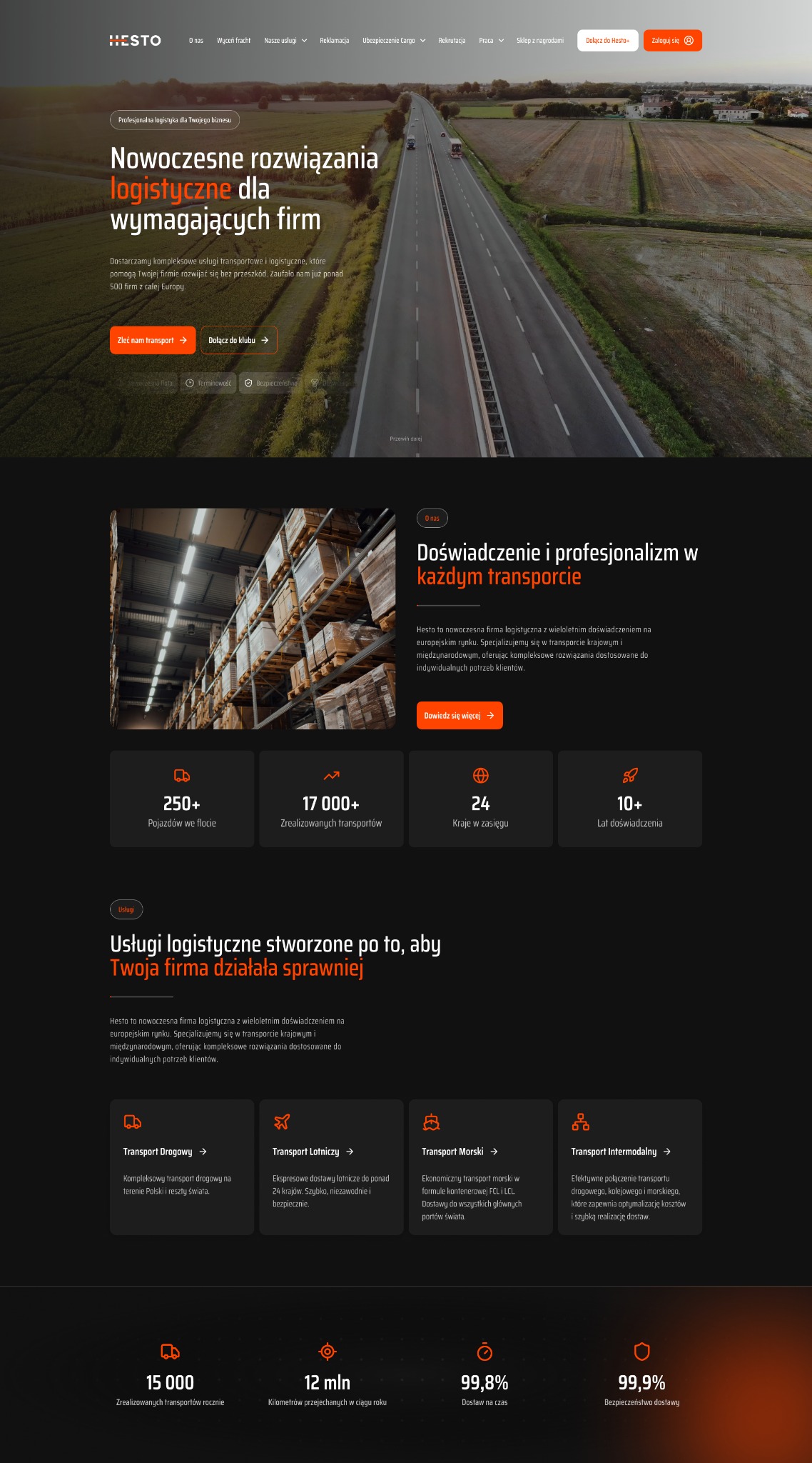 Strona internetowa firmy logistycznej Hesto z nowoczesnym designem, prezentująca usługi transportowe: drogowy, lotniczy, morski i intermodalny. Widok z lotu ptaka na drogę.