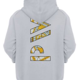 METEOR SPÓŁKA Z OGRANICZONĄ ODPOWIEDZIALNOŚCIĄ - Szara bluza z kapturem, widok z tyłu, z geometrycznym wzorem w odcieniach żółci i błękitu, przypominającym mozaikę, umieszczonym na plecach.