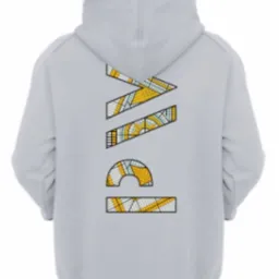 Szara bluza z kapturem, widok z tyłu, z geometrycznym wzorem w odcieniach żółci i błękitu, przypominającym mozaikę, umieszczonym na plecach.