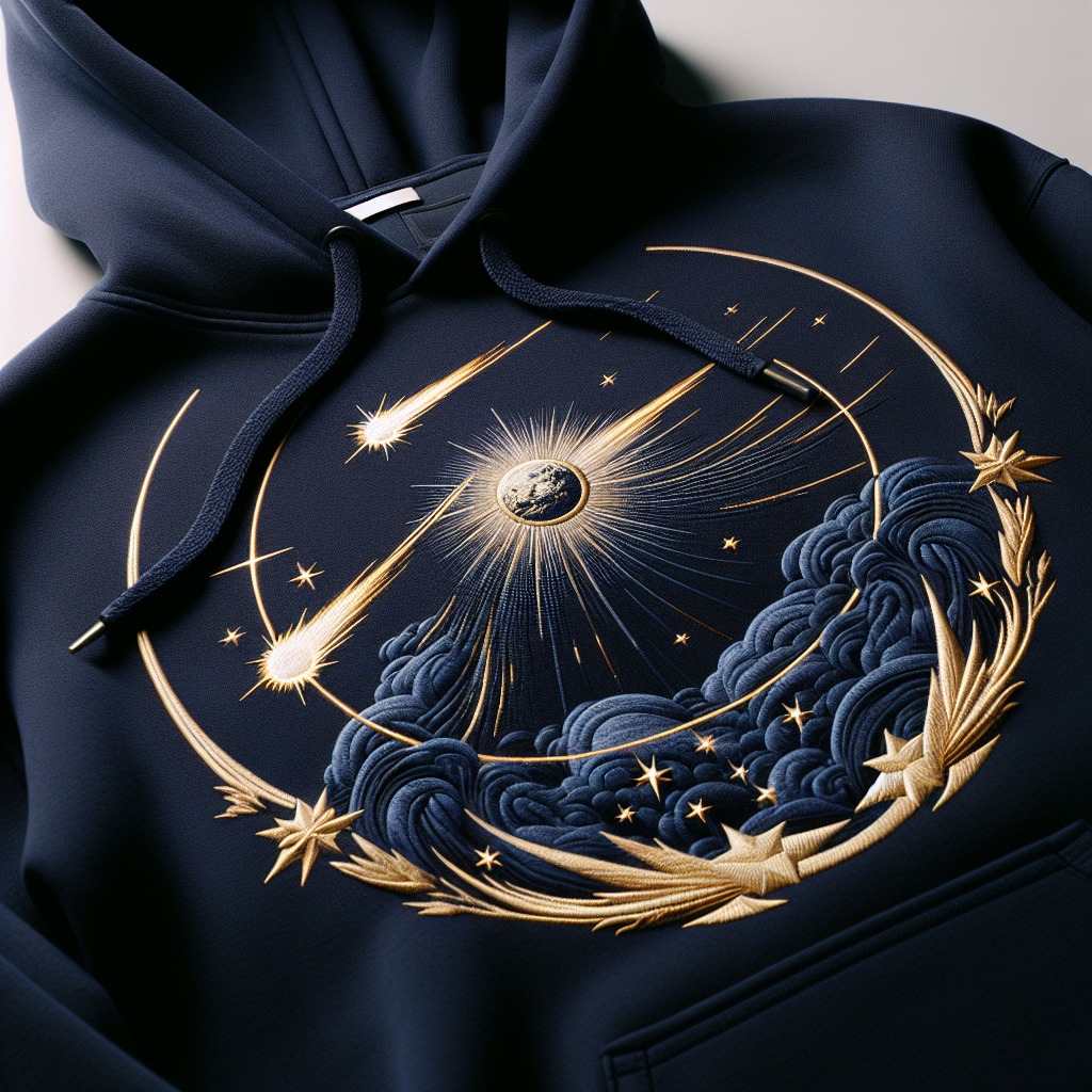 Granatowa bluza z kapturem ozdobiona złotym haftem przedstawiającym kosmiczną scenę z planetą, kometami i stylizowanymi chmurami.