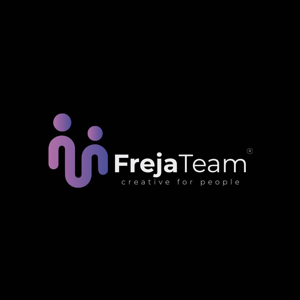 Logo firmy FrejaTeam: fioletowy symbol dwóch splecionych postaci, nazwa firmy i hasło 'creative for people' na czarnym tle. Minimalistyczny design.
