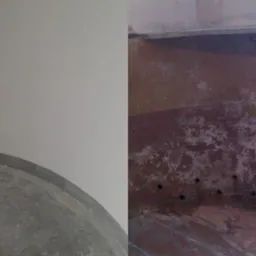 Porównanie ściany przed i po: po lewej gładka, biała ściana z szarą listwą przypodłogową i betonową podłogą, po prawej fragment zniszczonej, wilgotnej ściany z widocznymi plamami i otworami.