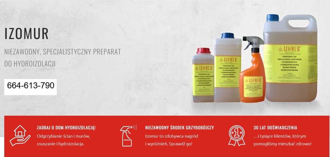 Zestaw preparatów Izomur w różnych opakowaniach, przeznaczonych do zwalczania grzybów i pleśni oraz zabezpieczania ścian przed zawilgoceniem, na jasnym tle.