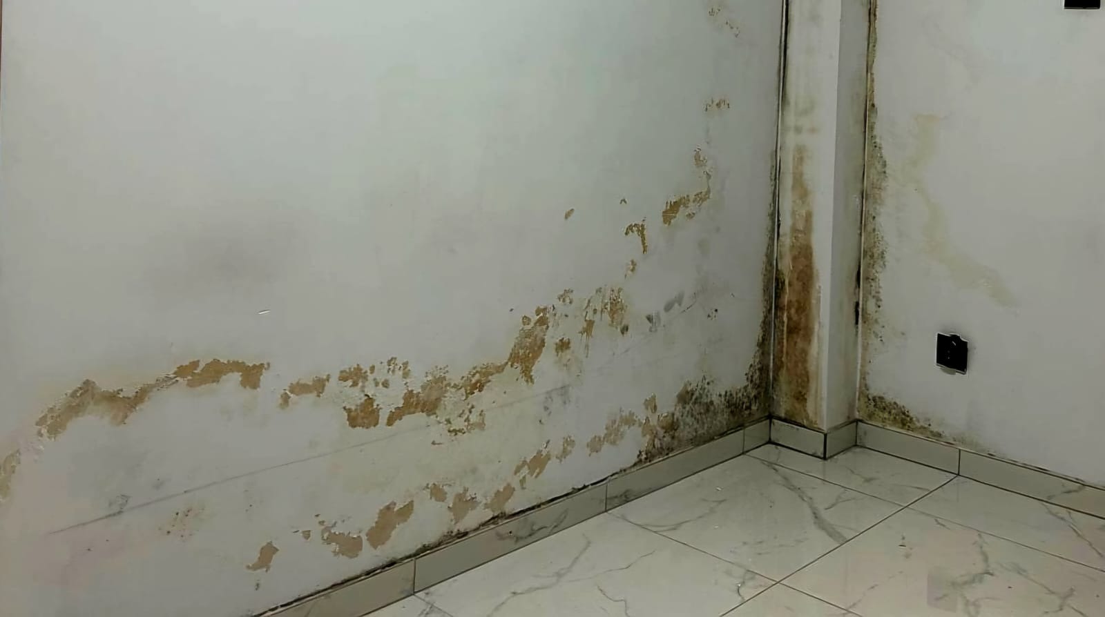 Ściana z widocznymi plamami wilgoci i pleśni, z odchodzącą farbą, w rogu pomieszczenia, z białymi płytkami podłogowymi imitującymi marmur.