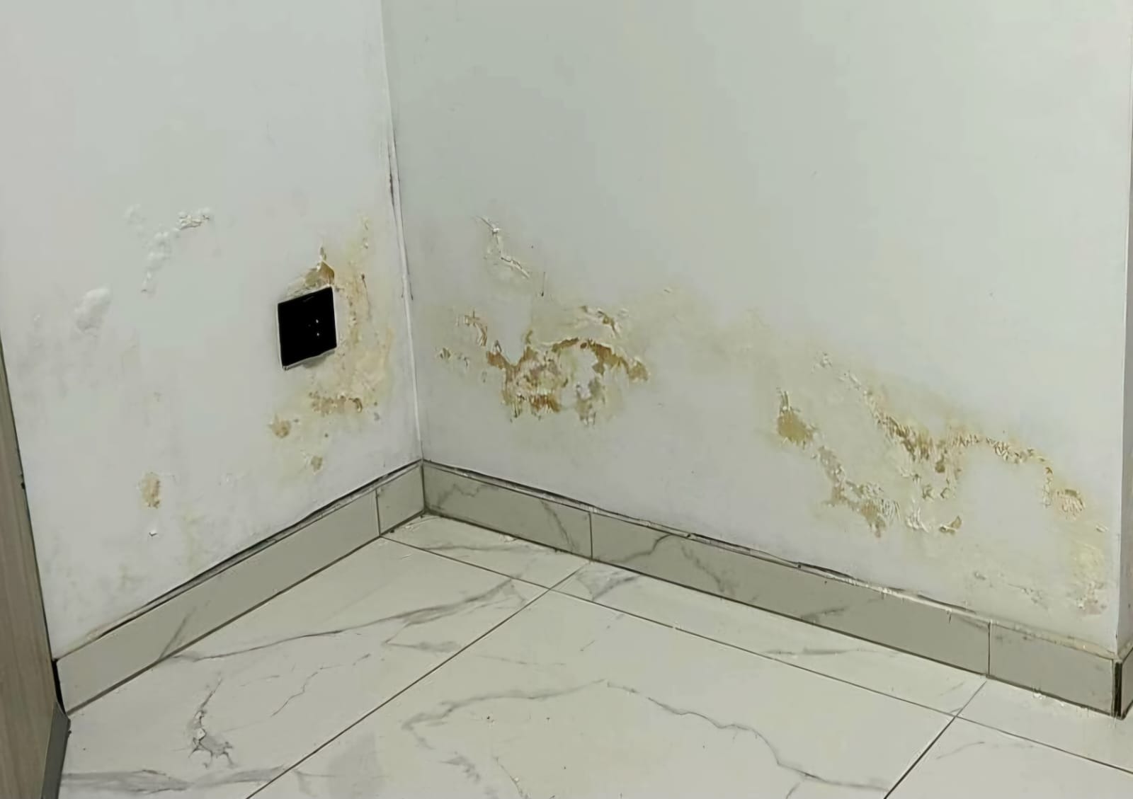 Zacieki i plamy wilgoci na ścianie w rogu pomieszczenia, widoczna puszka elektryczna i marmurowe płytki podłogowe.