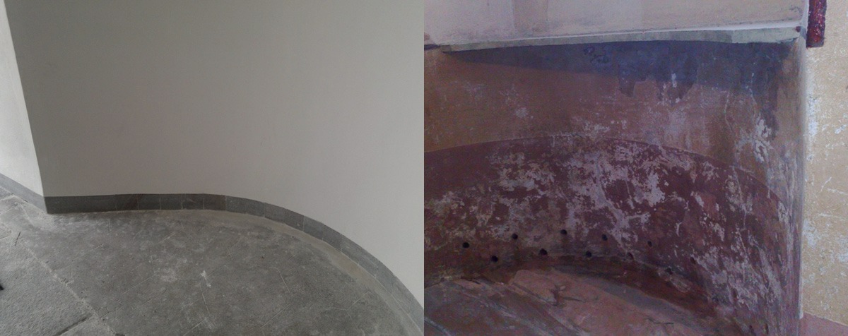 Porównanie ściany przed i po: po lewej gładka, biała ściana z szarą listwą przypodłogową i betonową podłogą, po prawej fragment zniszczonej, wilgotnej ściany z widocznymi plamami i otworami.