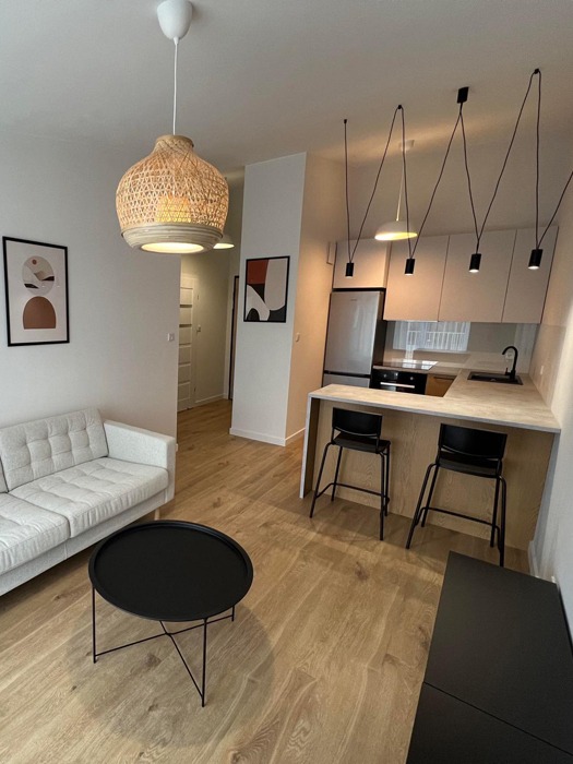 Nowoczesny salon z aneksem kuchennym: rattanowa lampa wisząca nad stolikiem kawowym, minimalistyczna sofa, drewniana podłoga, czarne hokery przy blacie kuchennym, oświetlenie punktowe na kablach.