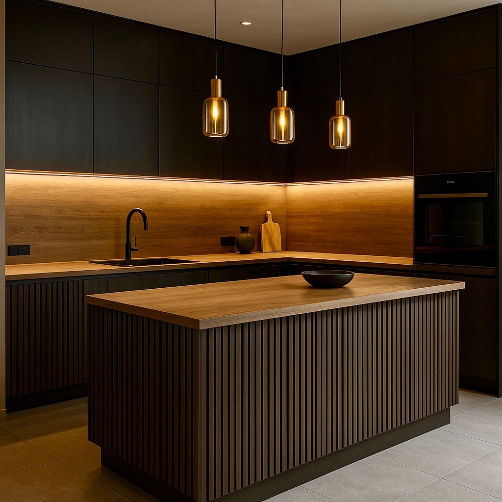 Nowoczesna kuchnia z wyspą: czarne szafki, drewniane blaty i oświetlenie LED. Minimalistyczny design z wiszącymi lampami i czarną armaturą. Uwagę przykuwa ryflowana obudowa wyspy.