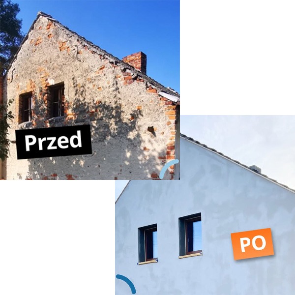 Dach domu: widok przed remontem (zniszczona elewacja) i po remoncie (nowa, jasna elewacja). Porównanie 'przed' i 'po' na jednym zdjęciu.