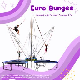 RADOSNE CHWILE SPÓŁKA Z OGRANICZONĄ ODPOWIEDZIALNOŚCIĄ - Euro Bungee, atrakcja z czterema trampolinami i osobami skaczącymi na elastycznych linach, widoczne wymiary 7m x 7m x 4,7m, kontakt do wynajmu atrakcji.