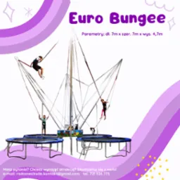 Euro Bungee, atrakcja z czterema trampolinami i osobami skaczącymi na elastycznych linach, widoczne wymiary 7m x 7m x 4,7m, kontakt do wynajmu atrakcji.