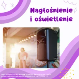 Czarny głośnik na statywie, w tle rozmyta scena z osobą, całość w ramce z fioletowymi elementami graficznymi i tekstem reklamowym.