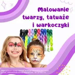 Dwie uśmiechnięte dziewczynki z pomalowanymi twarzami: jedna z motylem, druga z tygrysem, obok kolorowe doczepiane warkocze i napis 'Malowanie twarzy, tatuaże i warkoczyki'.