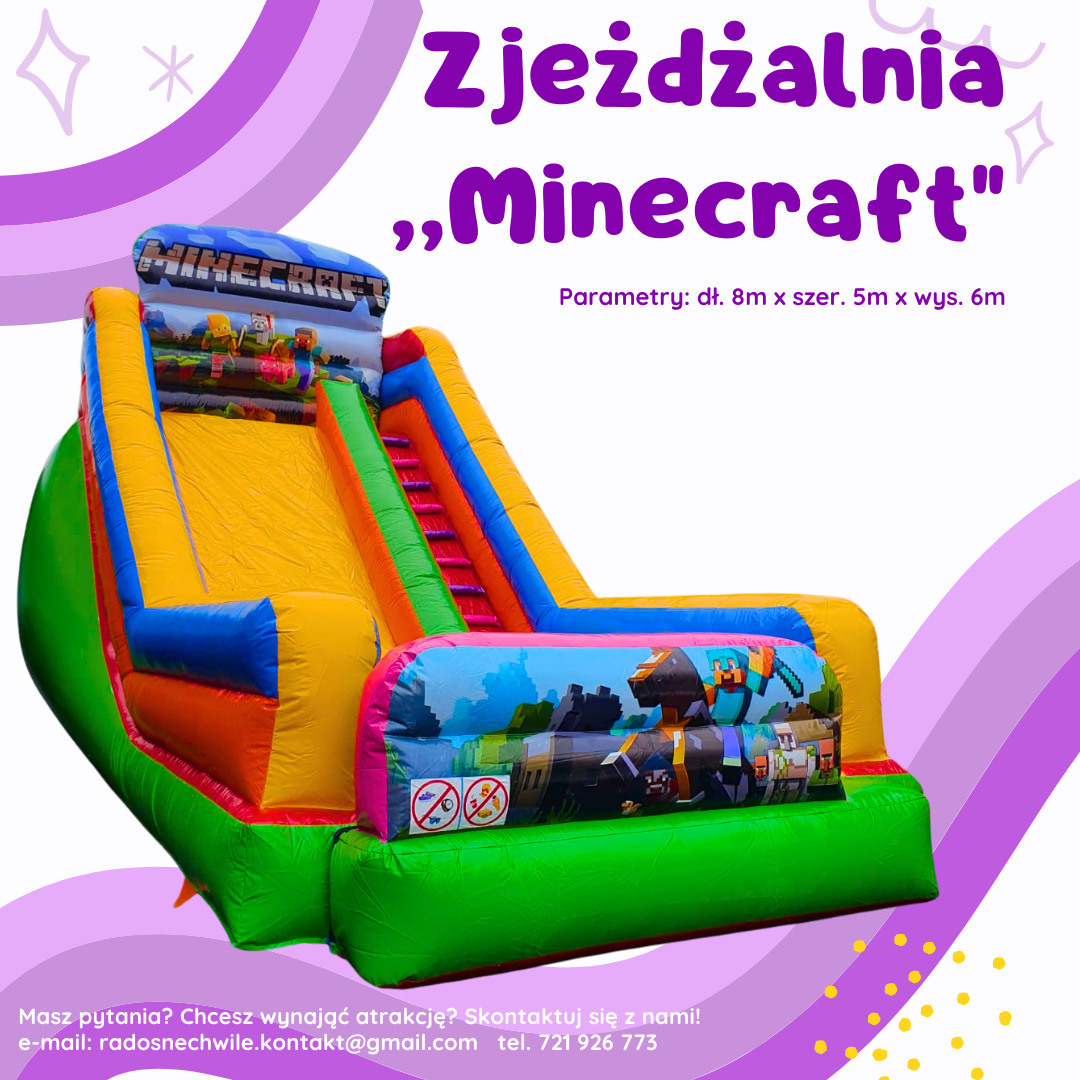 Kolorowa zjeżdżalnia dmuchana z motywem Minecraft, z widocznymi elementami graficznymi z gry, umieszczona na tle z fioletowymi dekoracjami i informacjami kontaktowymi.