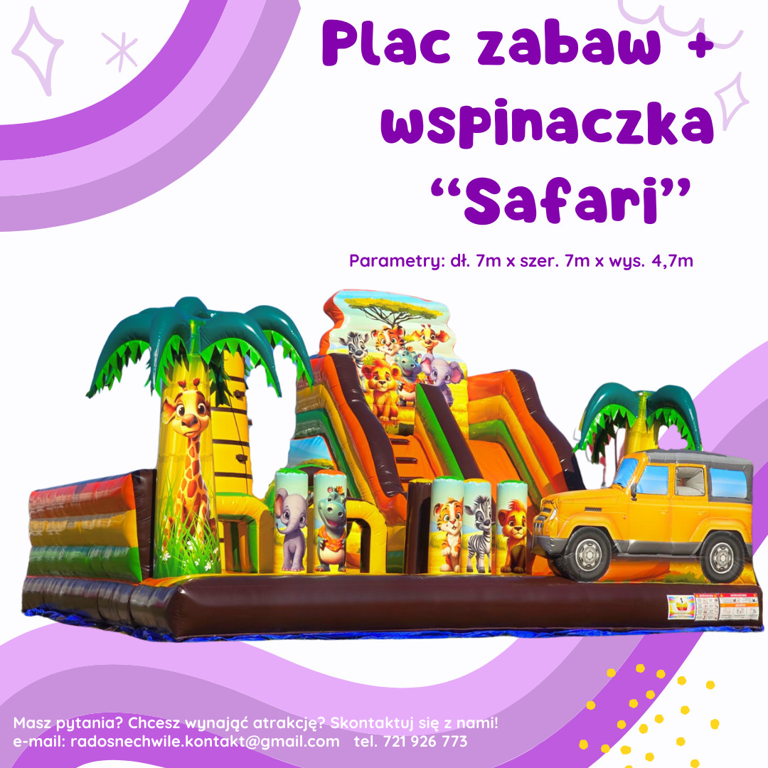 Kolorowy, dmuchany plac zabaw w stylu safari z motywami zwierzęcymi, zjeżdżalnią i elementami wspinaczkowymi, o wymiarach 7x7x4,7m, na białym tle.