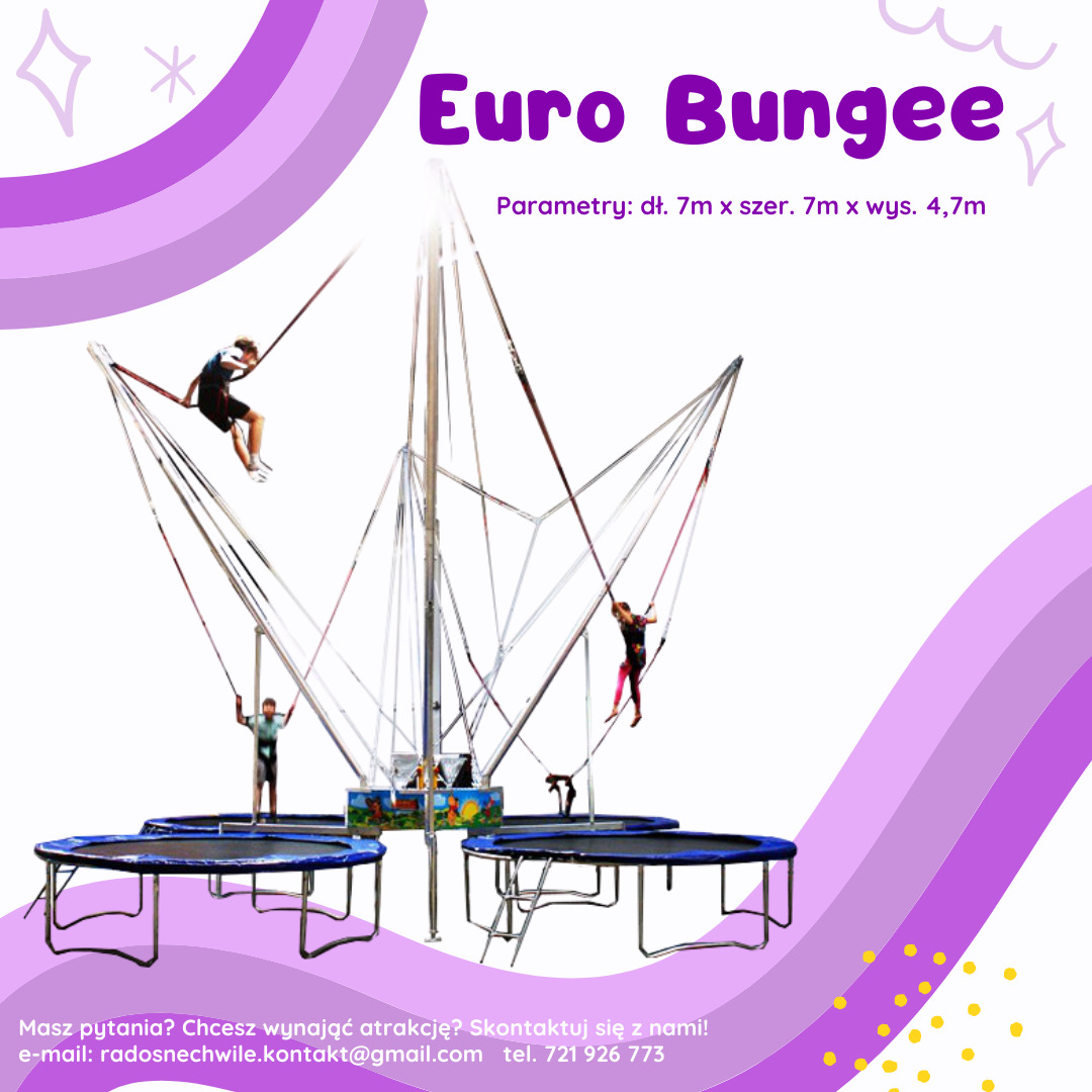 Euro Bungee, atrakcja z czterema trampolinami i osobami skaczącymi na elastycznych linach, widoczne wymiary 7m x 7m x 4,7m, kontakt do wynajmu atrakcji.