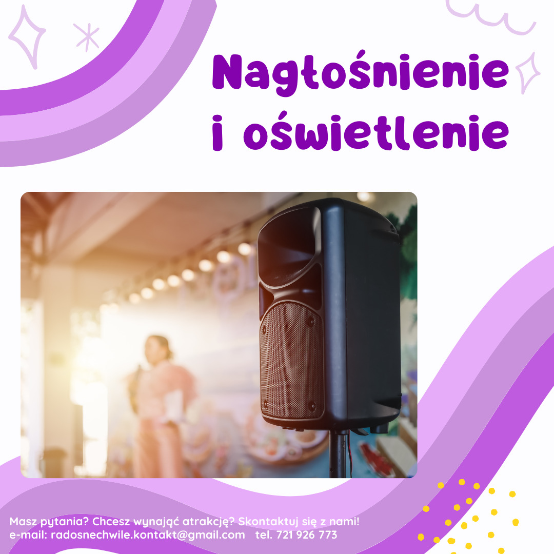 Czarny głośnik na statywie, w tle rozmyta scena z osobą, całość w ramce z fioletowymi elementami graficznymi i tekstem reklamowym.