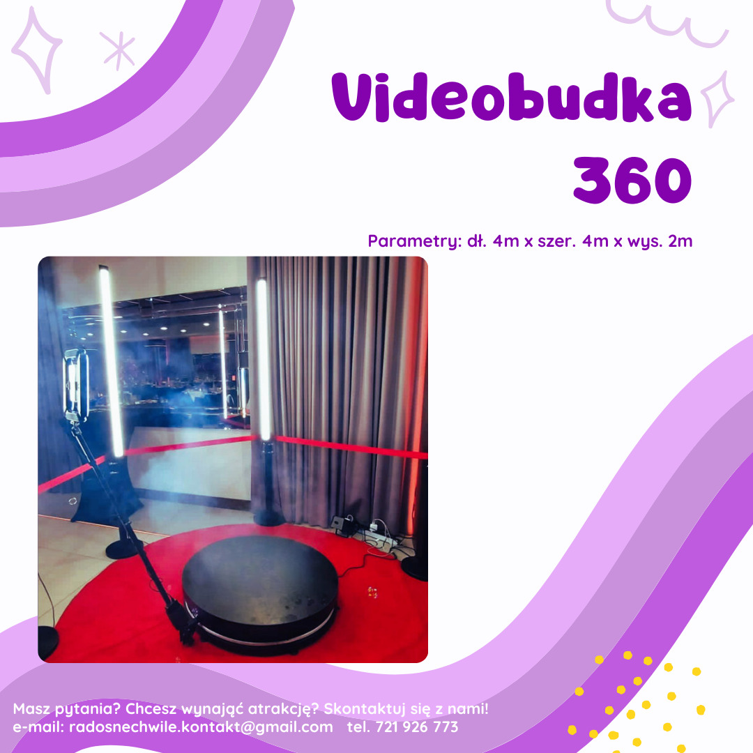 Videobudka 360 na czerwonym dywanie, oświetlona lampami LED, z szarymi zasłonami w tle. Widoczne parametry: długość i szerokość 4m, wysokość 2m.