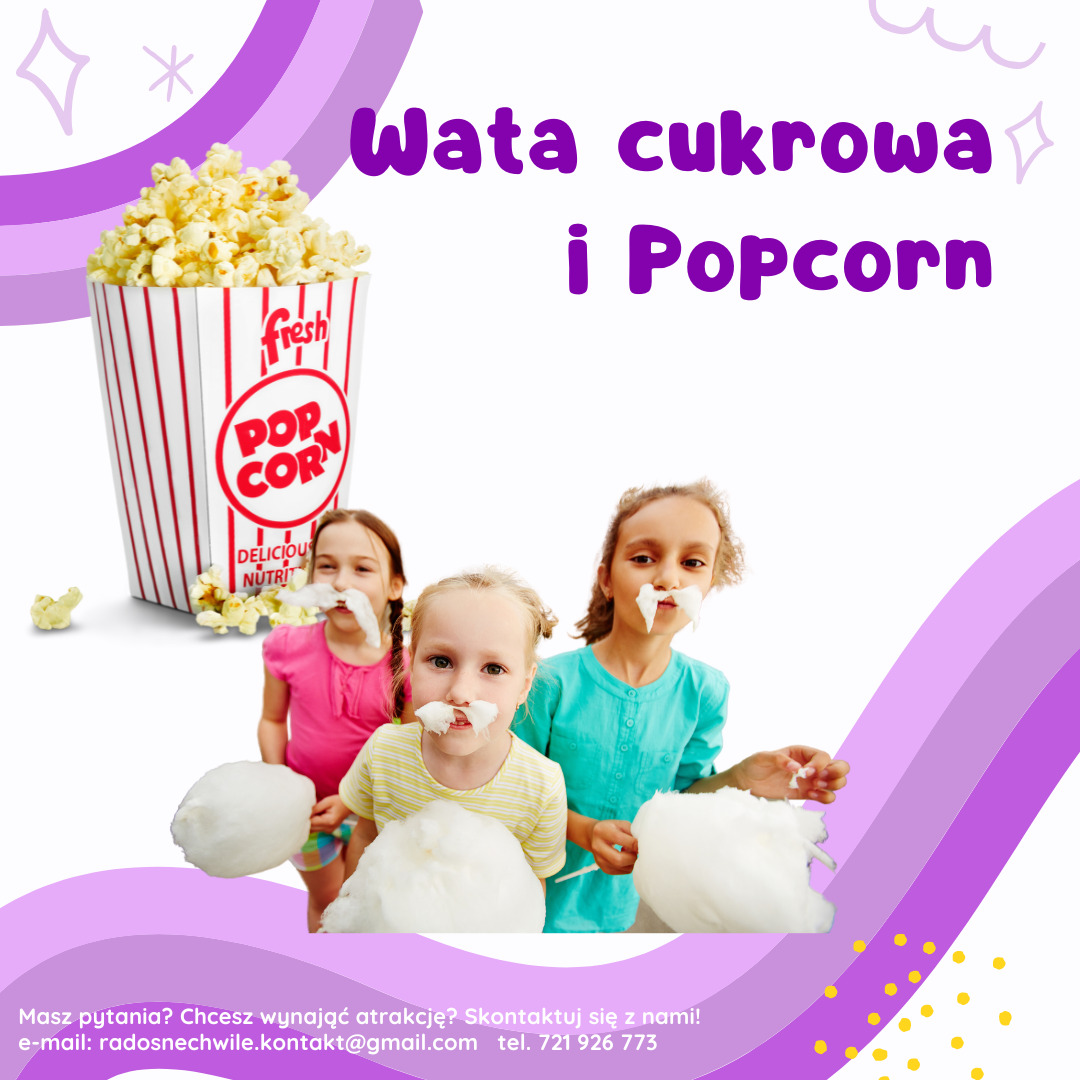 Grafika reklamowa z trzema dziewczynkami trzymającymi watę cukrową pod nosem, tworząc imitację wąsów, obok nich kubełek z popcornem, całość w fioletowo-białej stylistyce z tekstem 'Wata cukrowa...
