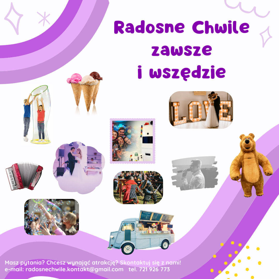 Kompozycja graficzna z różnorodnymi elementami: dzieci w dmuchanej kuli, lody w wafelkach, para młoda przy napisie LOVE, grupa osób w fotobudce, tańcząca para, akordeon, rekonstrukcja historyczna...