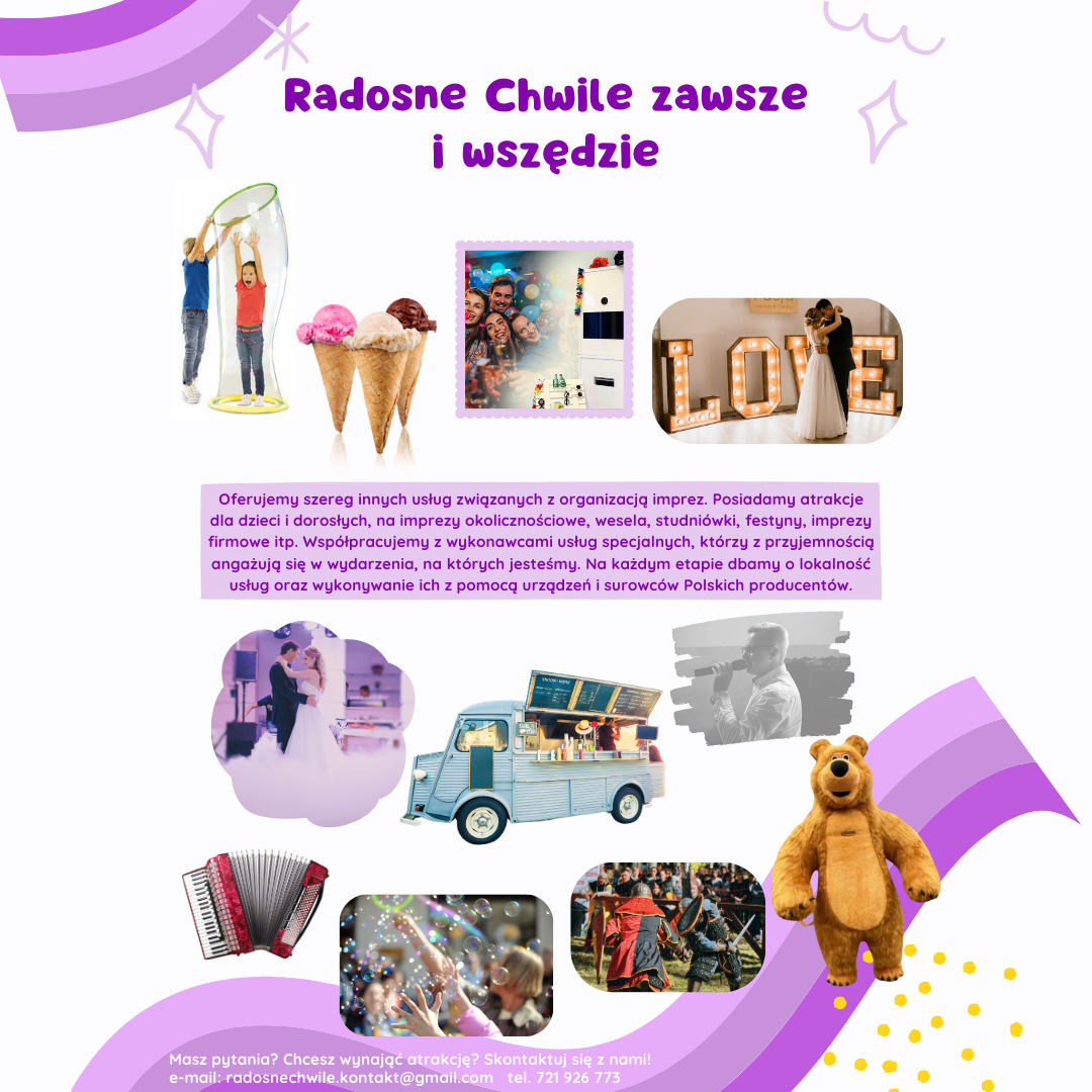 Kolaż zdjęć prezentujący różnorodne atrakcje eventowe w Częstochowie, w tym dmuchaniec, fotobudka, lodowy wózek, dekoracje świetlne, występy artystyczne i zabawy z bańkami mydlanymi.