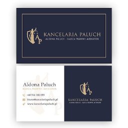 KANCELARIA RADCY PRAWNEGO Aldona Paluch RADCA PRAWNY, MEDIATOR - Wizytówka Kancelarii Paluch z logo przedstawiającym Temidę w tarczy, dane kontaktowe: imię i nazwisko, zawód, numer telefonu, adres e-mail i strona internetowa.