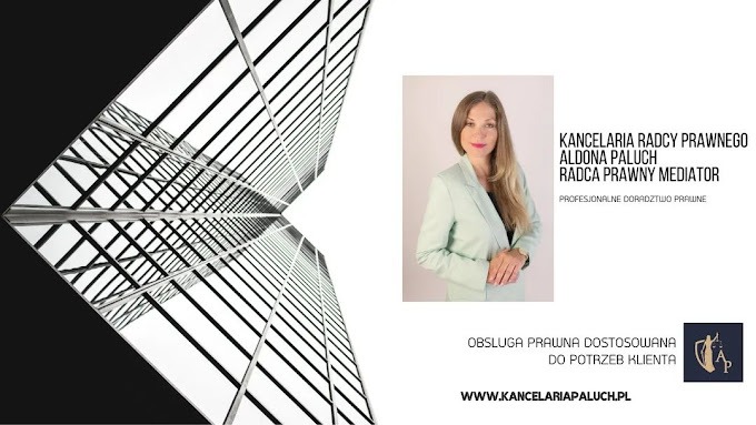 Grafika reklamowa kancelarii radcy prawnego Aldony Paluch, z wizerunkiem kobiety w jasnej marynarce na białym tle oraz abstrakcyjnym zdjęciem budynku biurowego.