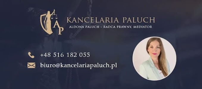 Wizytówka Kancelarii Paluch z Gorzowa Wielkopolskiego, z logo przedstawiającym Temidę w tarczy, danymi kontaktowymi i zdjęciem radcy prawnego Aldony Paluch.