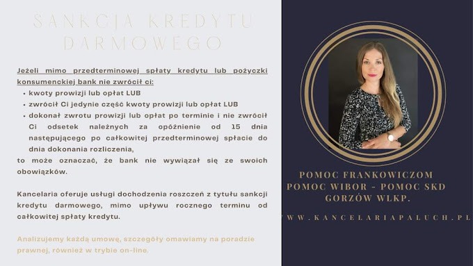 Grafika reklamowa kancelarii prawnej z informacją o sankcji kredytu darmowego, pomocy frankowiczom i WIBOR, z portretem kobiety w złotym okręgu.