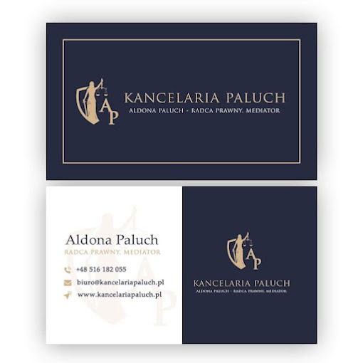 Wizytówka Kancelarii Paluch z logo przedstawiającym Temidę w tarczy, dane kontaktowe: imię i nazwisko, zawód, numer telefonu, adres e-mail i strona internetowa.