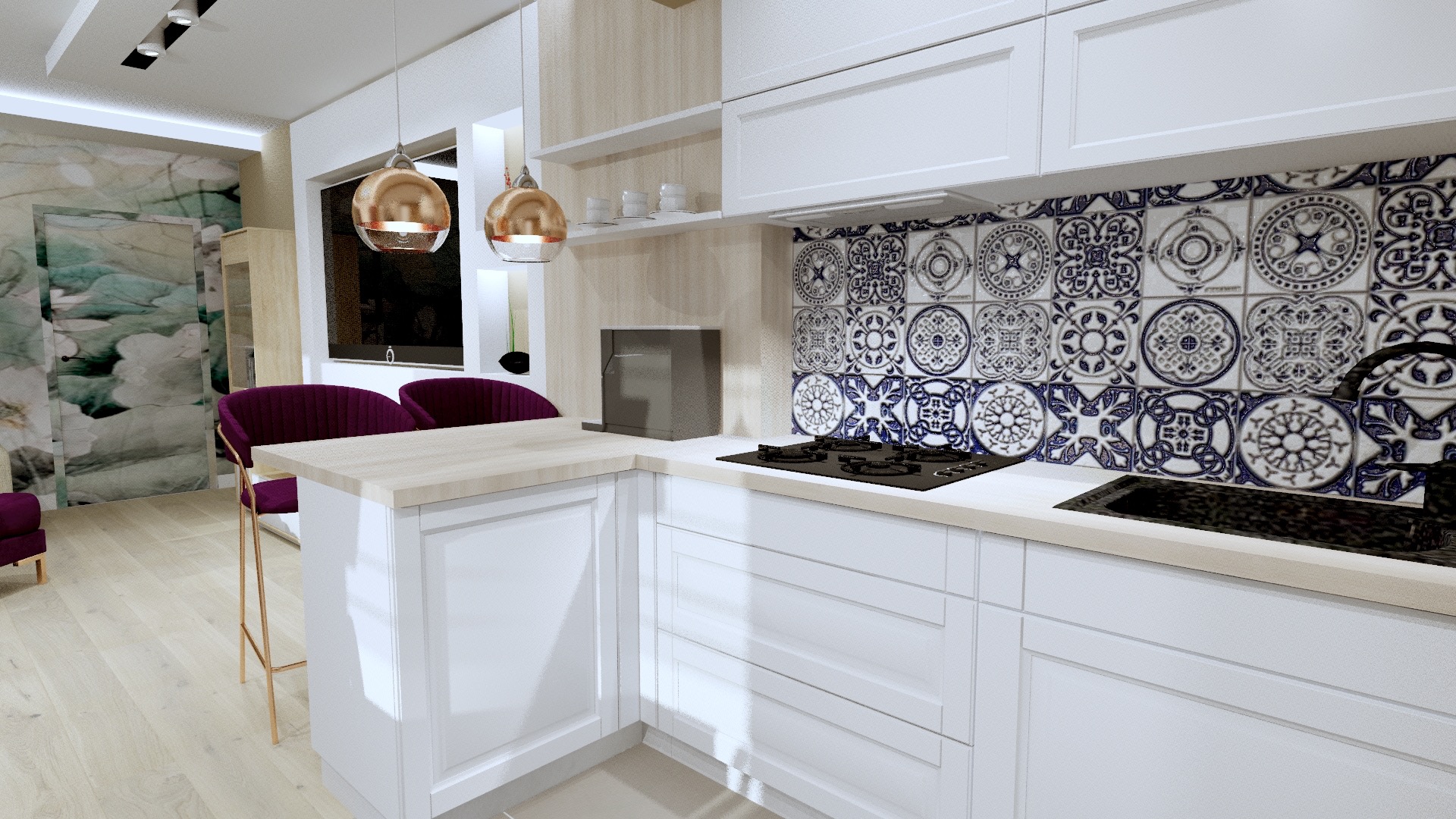 Nowoczesna kuchnia z białymi frontami, wzorzystymi płytkami i miedzianymi lampami wiszącymi. Widoczne krzesła barowe w kolorze fuksji i marmurowa ściana w tle.