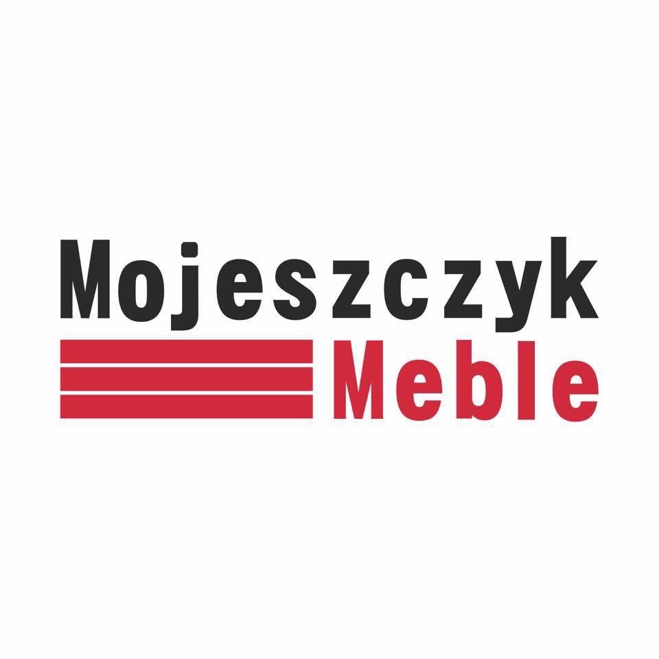 Logo firmy Mojeszczyk Meble: czarny napis nazwy i czerwone poziome linie obok słowa 'Meble' na białym tle.