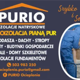 Grafika firmy PURIO Ocieplenia. Prezentacja natryskowej termoizolacji pianą PUR na poddaszach, dachach, ścianach i fundamentach. Kontakt: telefon, email, Facebook.