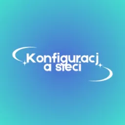 Graficzne logo z białym napisem 'Konfiguracja sieci' na gradientowym, błękitno-turkusowym tle, ozdobione stylizowanymi gwiazdkami i półkolami.