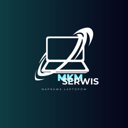 Logo firmy MKM Serwis z sylwetką laptopa otoczoną orbitami i napisem 'Naprawa Laptopów' na ciemnym, gradientowym tle.
