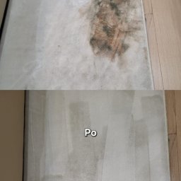 DOREK Yury Volkau - Dzielone ujęcie dywanu: górna połowa pokazuje silne zabrudzenia przed czyszczeniem, dolna połowa prezentuje dywan po usunięciu plam, widoczne drewniane panele podłogowe.