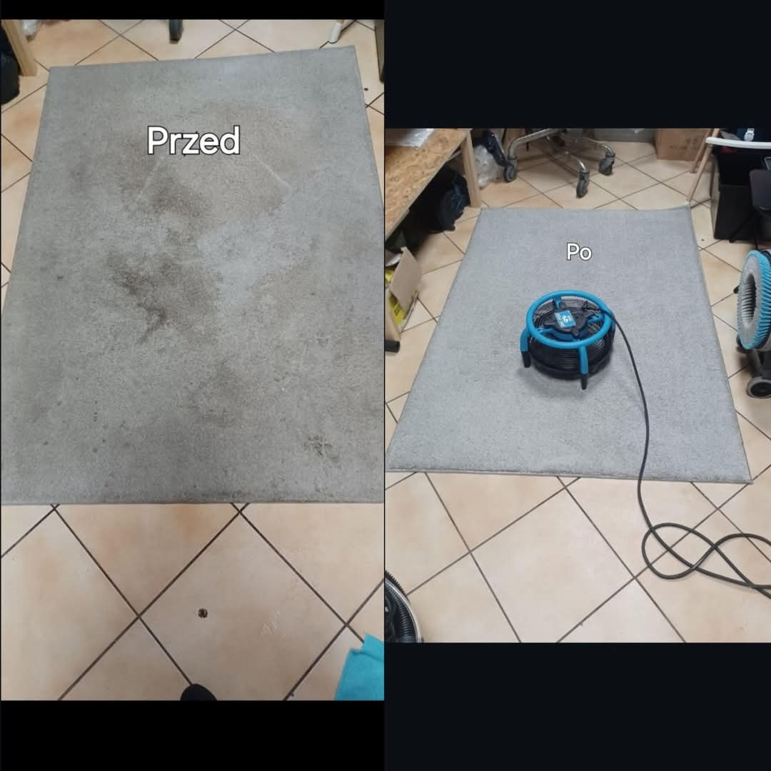 Porównanie dywanu przed i po czyszczeniu w Warszawie. Po lewej stronie dywan z widocznymi plamami i zabrudzeniami, po prawej stronie dywan po profesjonalnym czyszczeniu z użyciem wentylatora...