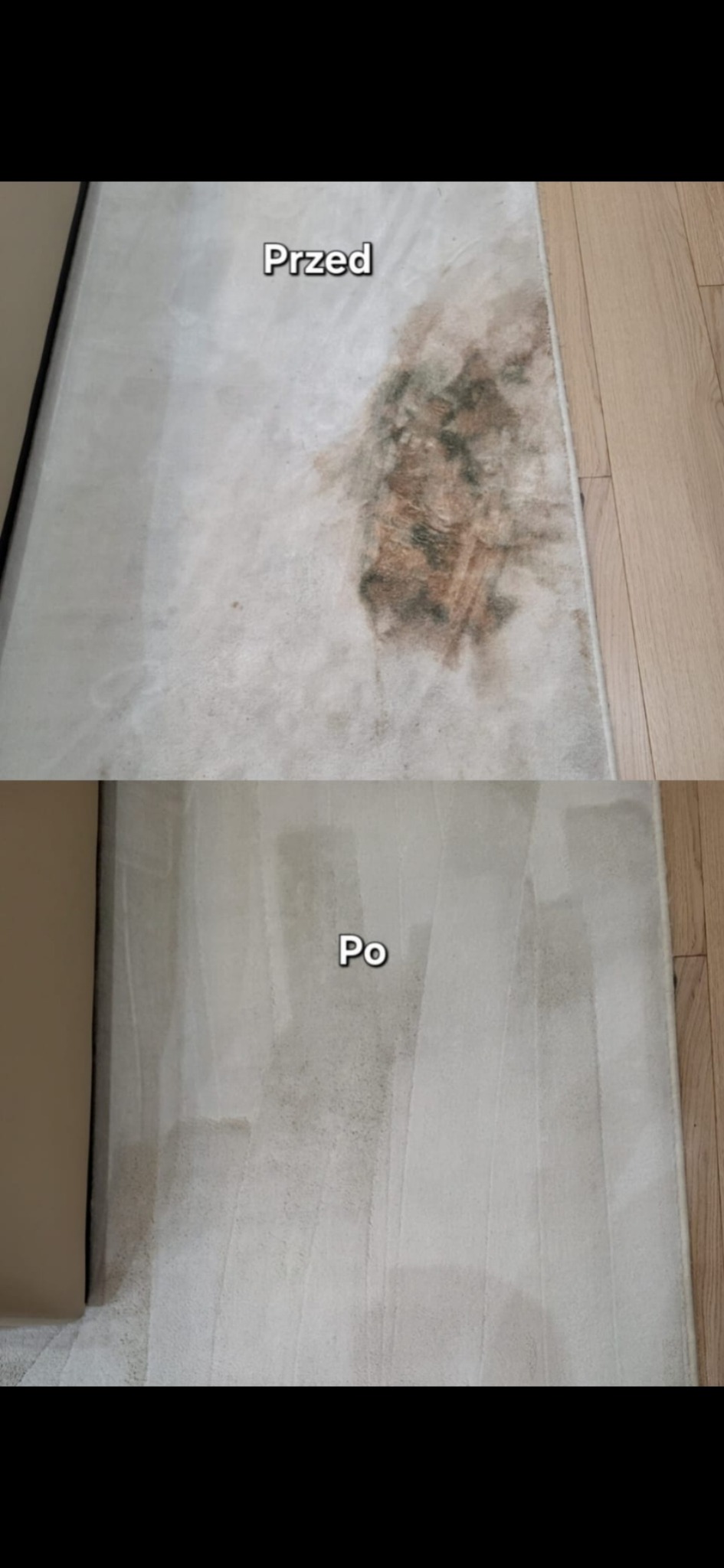 Dzielone ujęcie dywanu: górna połowa pokazuje silne zabrudzenia przed czyszczeniem, dolna połowa prezentuje dywan po usunięciu plam, widoczne drewniane panele podłogowe.