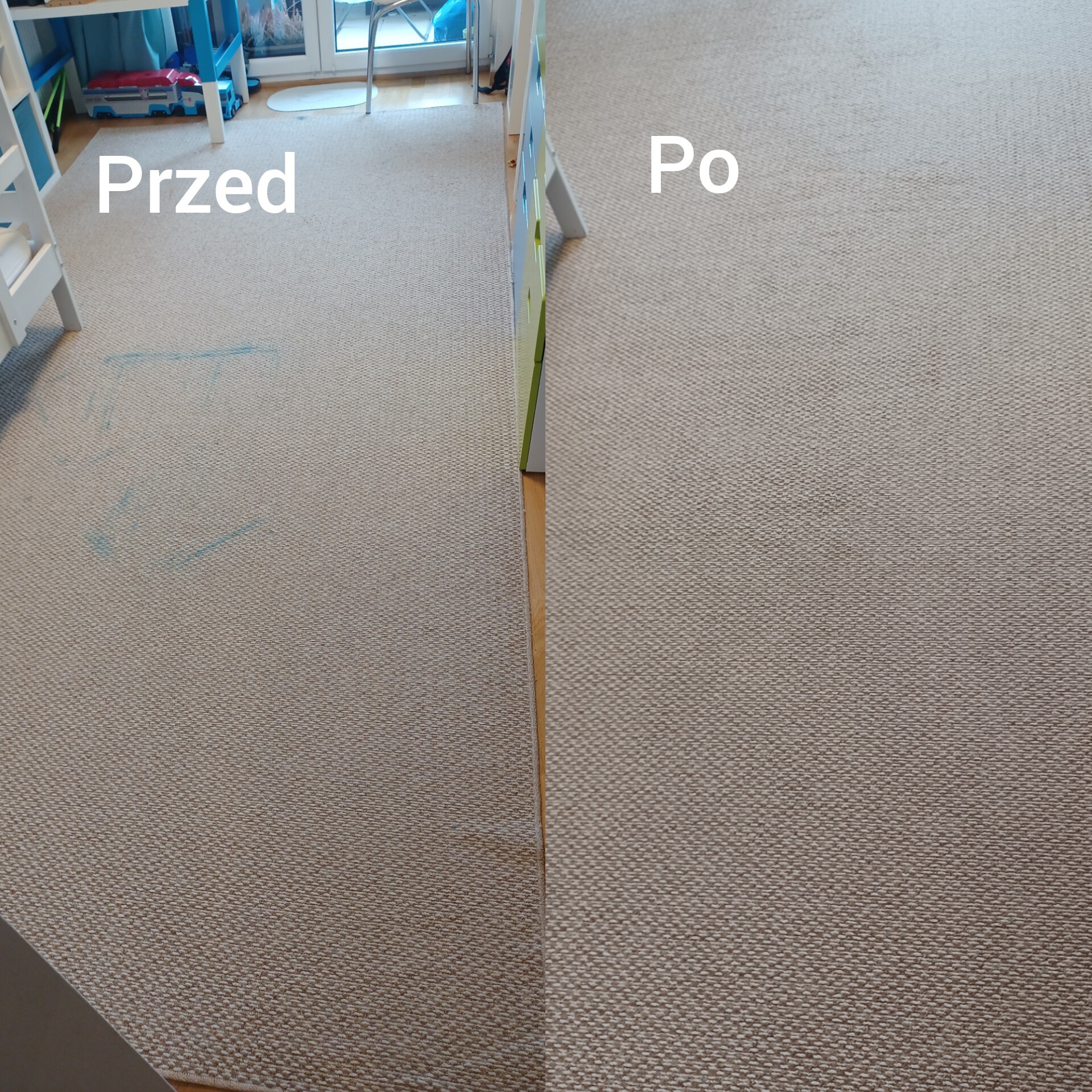 Dywan w pokoju dziecięcym, widok z góry, podzielony na dwie części: 'Przed' z plamami po długopisach i 'Po' czysty, po profesjonalnym praniu.