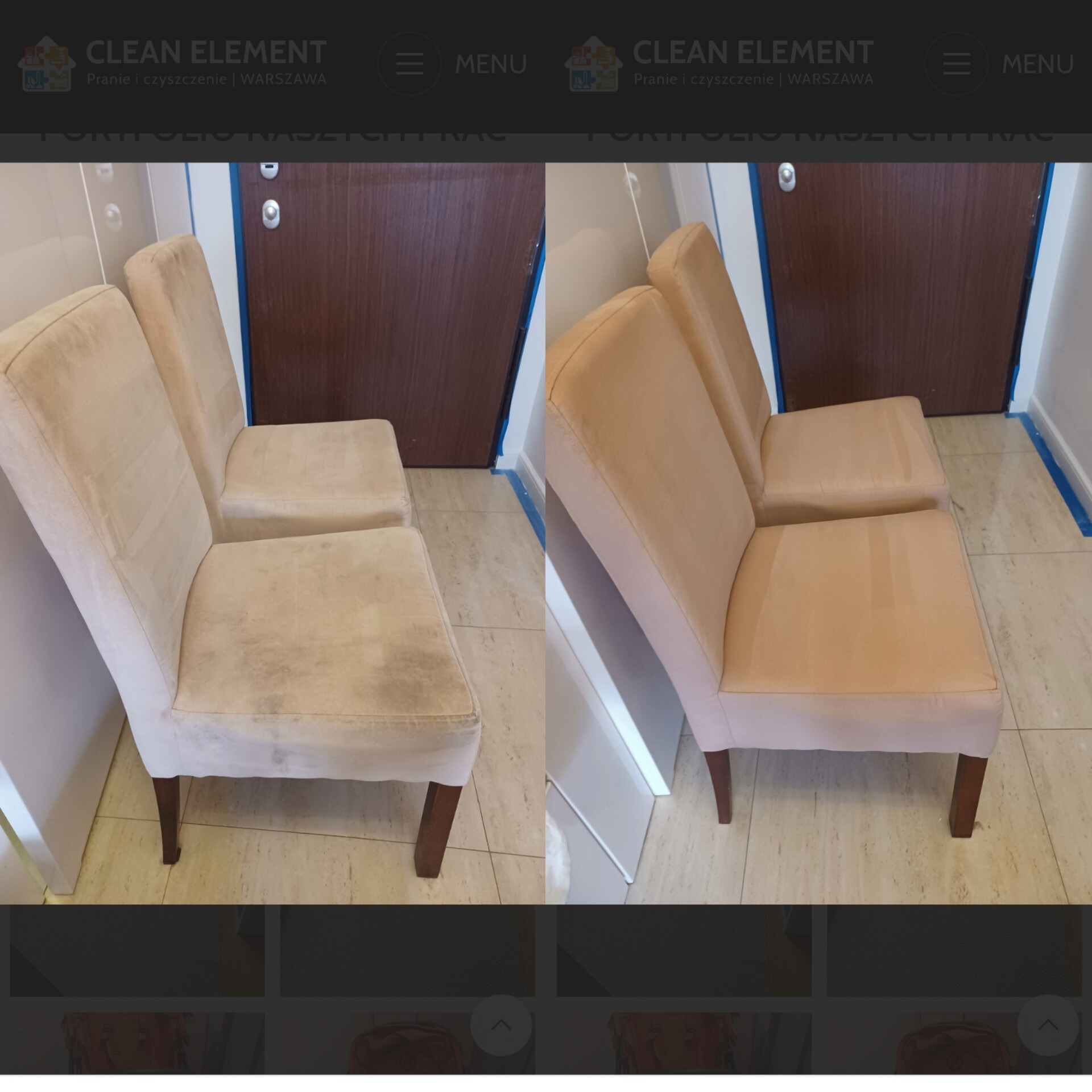 Dwa krzesła tapicerowane przed i po czyszczeniu, widoczne różnice w kolorze i usunięciu plam na siedzisku i oparciu.