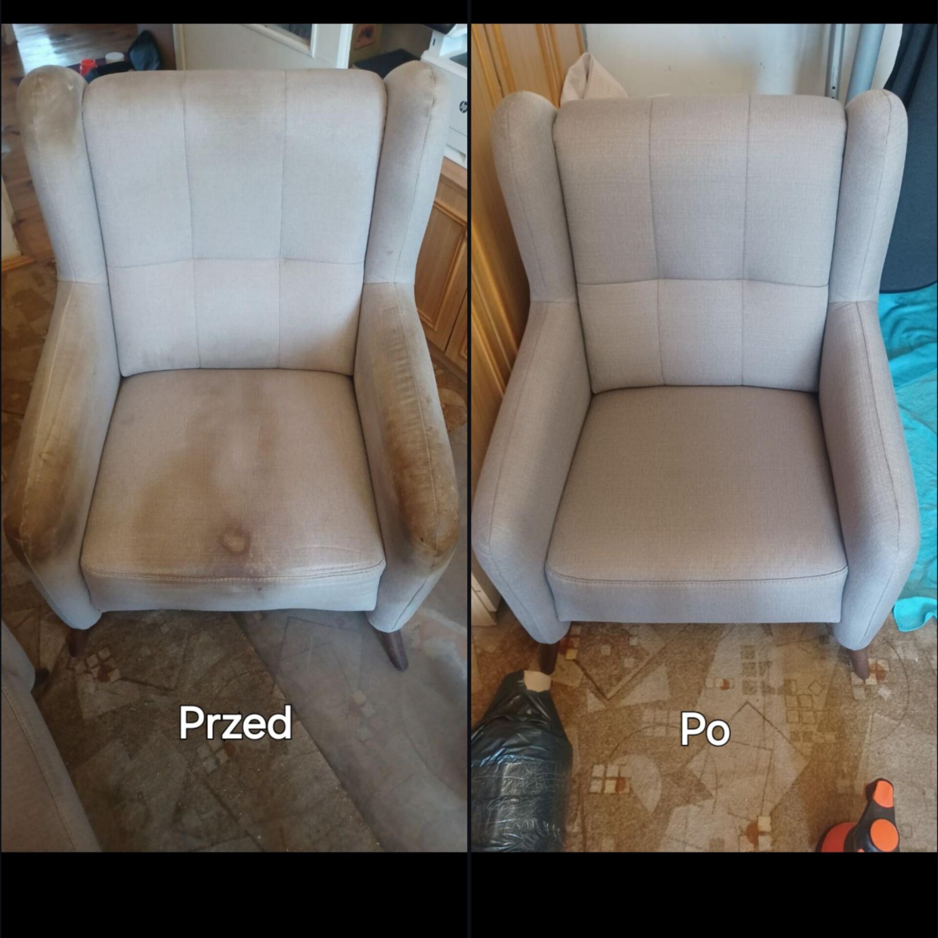 Kadr typu 'przed i po' prezentujący efekt czyszczenia beżowego fotela typu uszak, z widocznymi plamami i zabrudzeniami po lewej stronie oraz czystą tapicerką po prawej stronie.