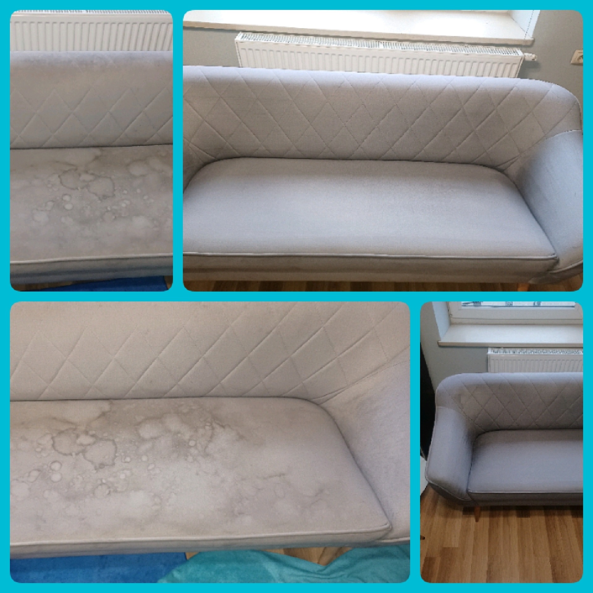 Dwuosobowa, jasnoszara kanapa z tapicerką w romby, prezentująca plamy i zabrudzenia na siedzisku przed czyszczeniem.